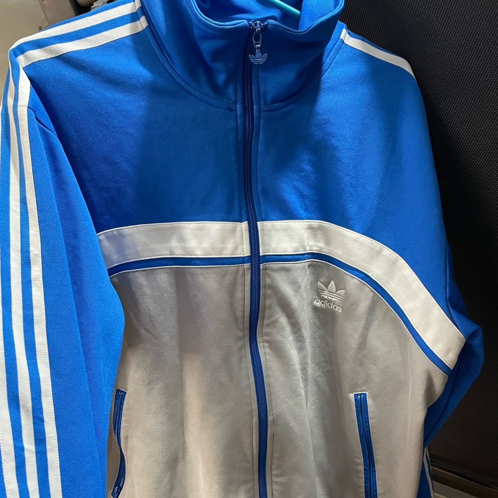 ADIDAS light zip up jacket blue white and grey.